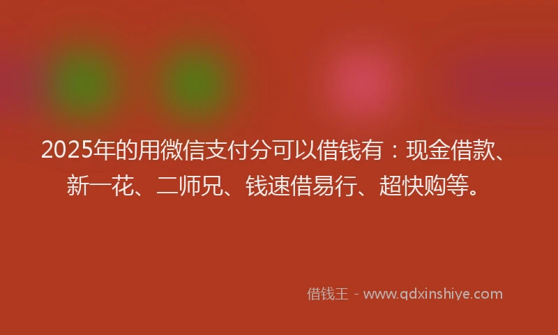 2025年的用微信支付分可以借钱有：现金借款、新一花、二师兄、钱速借易行、超快购等。