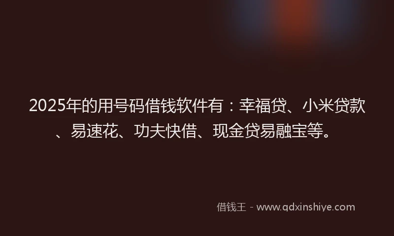 2025年的用号码借钱软件有：幸福贷、小米贷款、易速花、功夫快借、现金贷易融宝等。