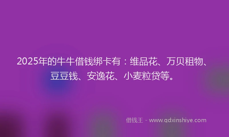 2025年的牛牛借钱绑卡有：维品花、万贝租物、豆豆钱、安逸花、小麦粒贷等。