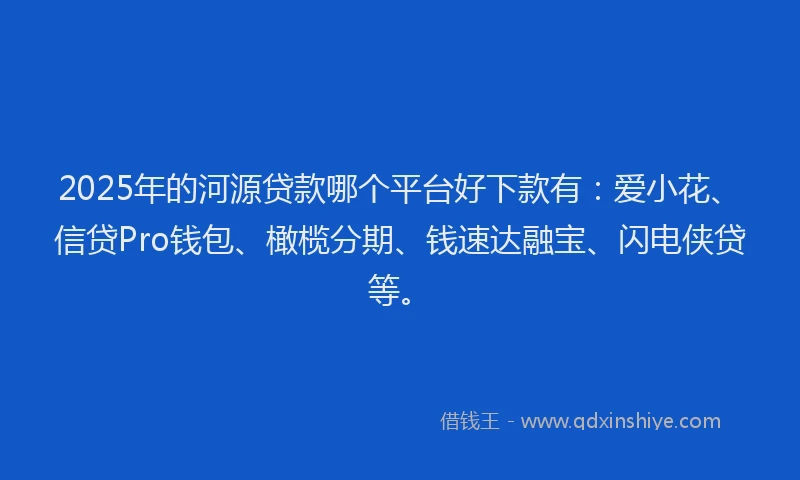 2025年的河源贷款哪个平台好下款有：爱小花、信贷Pro钱包、橄榄分期、钱速达融宝、闪电侠贷等。