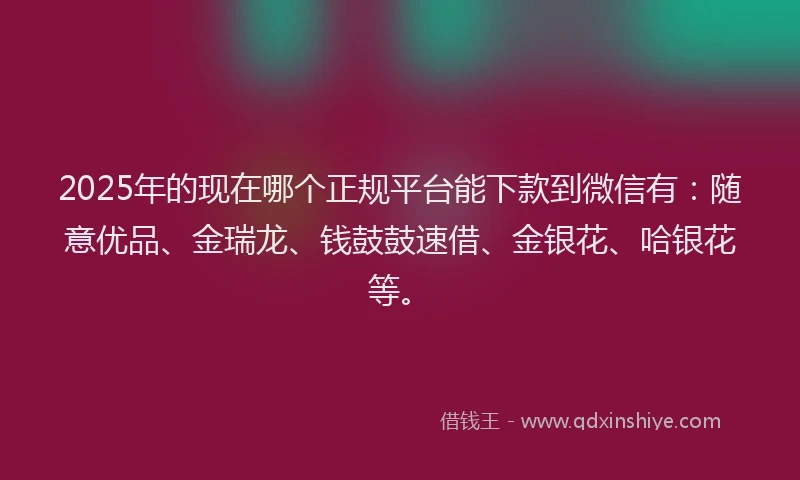 2025年的现在哪个正规平台能下款到微信有：随意优品、金瑞龙、钱鼓鼓速借、金银花、哈银花等。