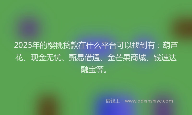 2025年的樱桃贷款在什么平台可以找到有：葫芦花、现金无忧、甄易借通、金芒果商城、钱速达融宝等。