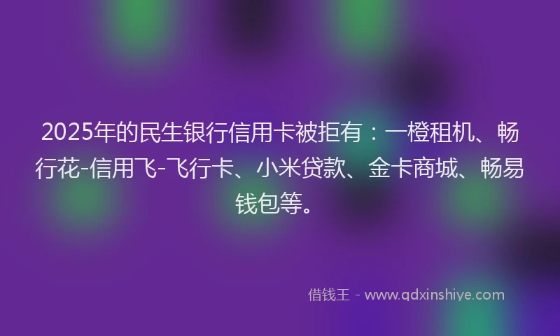 2025年的民生银行信用卡被拒有：一橙租机、畅行花-信用飞-飞行卡、小米贷款、金卡商城、畅易钱包等。