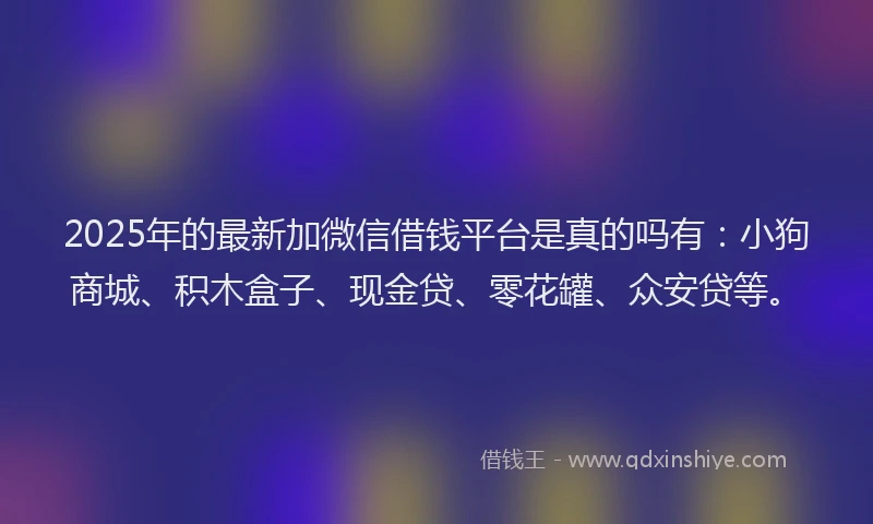 2025年的最新加微信借钱平台是真的吗有：小狗商城、积木盒子、现金贷、零花罐、众安贷等。