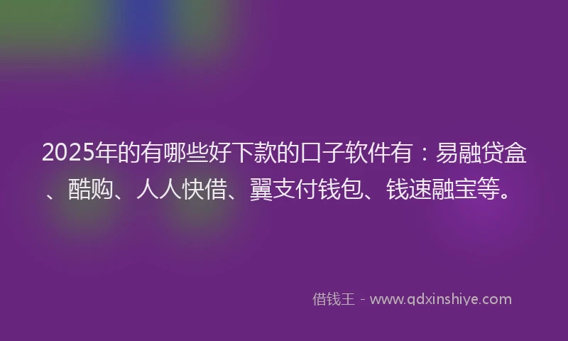 2025年的有哪些好下款的口子软件有：易融贷盒、酷购、人人快借、翼支付钱包、钱速融宝等。