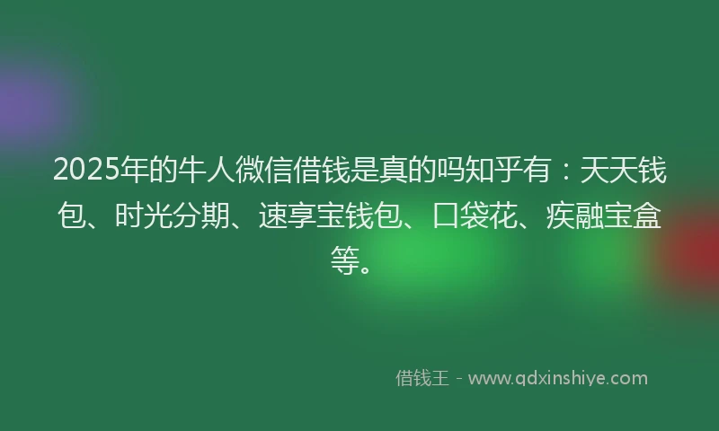 2025年的牛人微信借钱是真的吗知乎有：天天钱包、时光分期、速享宝钱包、口袋花、疾融宝盒等。