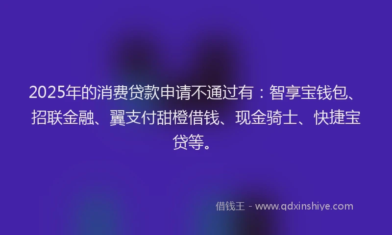 2025年的消费贷款申请不通过有：智享宝钱包、招联金融、翼支付甜橙借钱、现金骑士、快捷宝贷等。