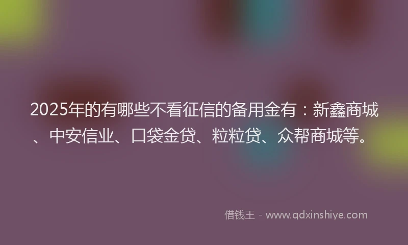 2025年的有哪些不看征信的备用金有：新鑫商城、中安信业、口袋金贷、粒粒贷、众帮商城等。