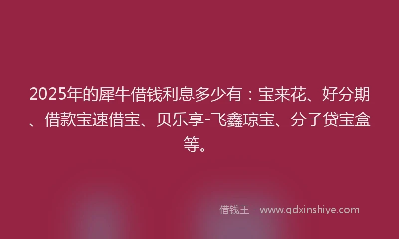 2025年的犀牛借钱利息多少有：宝来花、好分期、借款宝速借宝、贝乐享-飞鑫琼宝、分子贷宝盒等。