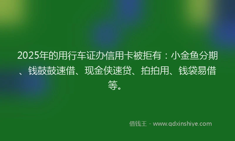 2025年的用行车证办信用卡被拒有：小金鱼分期、钱鼓鼓速借、现金侠速贷、拍拍用、钱袋易借等。