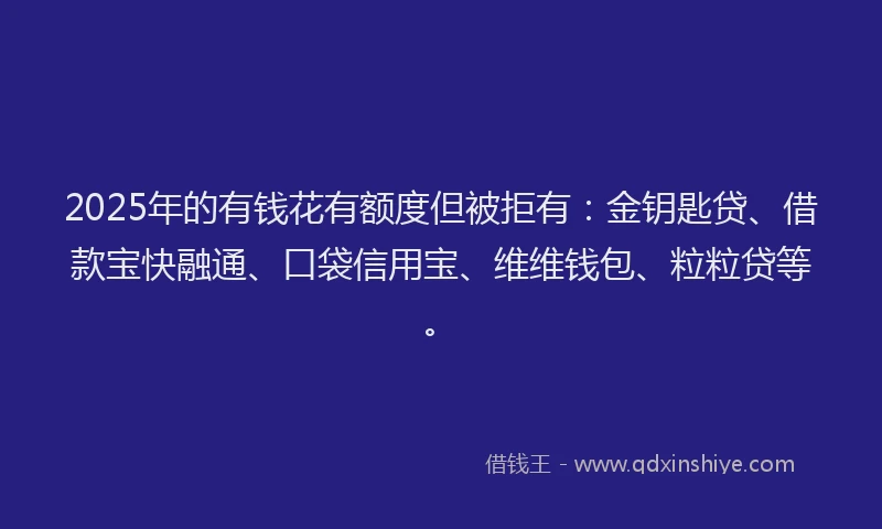 2025年的有钱花有额度但被拒有：金钥匙贷、借款宝快融通、口袋信用宝、维维钱包、粒粒贷等。