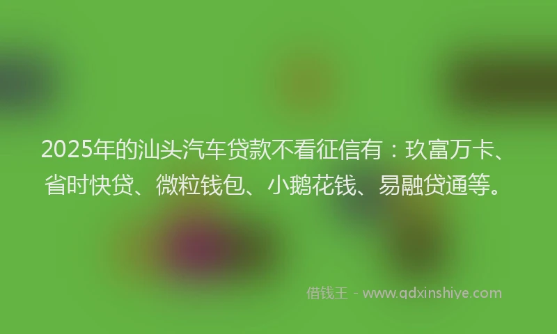 2025年的汕头汽车贷款不看征信有：玖富万卡、省时快贷、微粒钱包、小鹅花钱、易融贷通等。