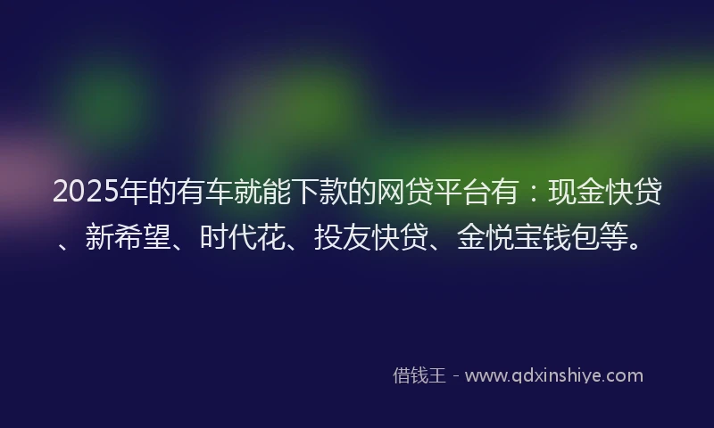 2025年的有车就能下款的网贷平台有：现金快贷、新希望、时代花、投友快贷、金悦宝钱包等。