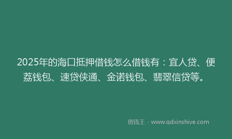2025年的海口抵押借钱怎么借钱有：宜人贷、便荔钱包、速贷侠通、金诺钱包、翡翠信贷等。