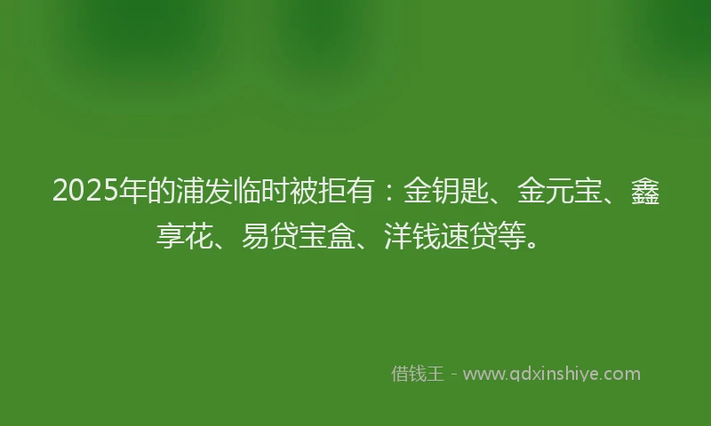 2025年的浦发临时被拒有：金钥匙、金元宝、鑫享花、易贷宝盒、洋钱速贷等。