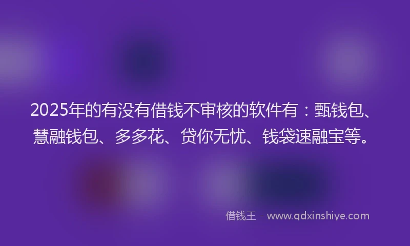 2025年的有没有借钱不审核的软件有：甄钱包、慧融钱包、多多花、贷你无忧、钱袋速融宝等。
