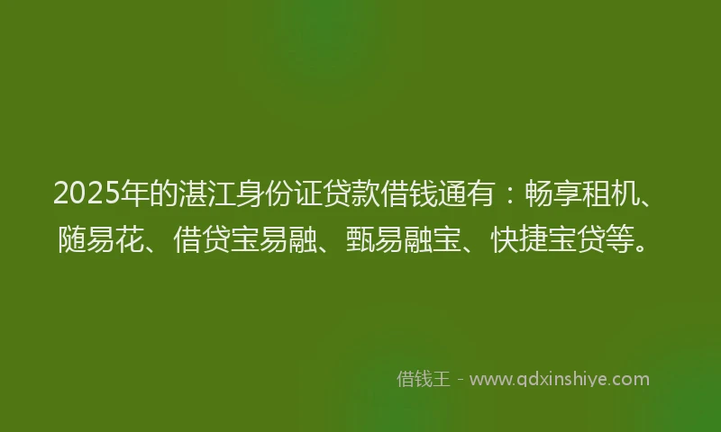 2025年的湛江身份证贷款借钱通有：畅享租机、随易花、借贷宝易融、甄易融宝、快捷宝贷等。