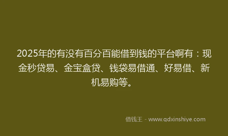 2025年的有没有百分百能借到钱的平台啊有：现金秒贷易、金宝盒贷、钱袋易借通、好易借、新机易购等。