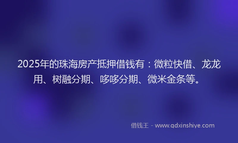 2025年的珠海房产抵押借钱有：微粒快借、龙龙用、树融分期、哆哆分期、微米金条等。