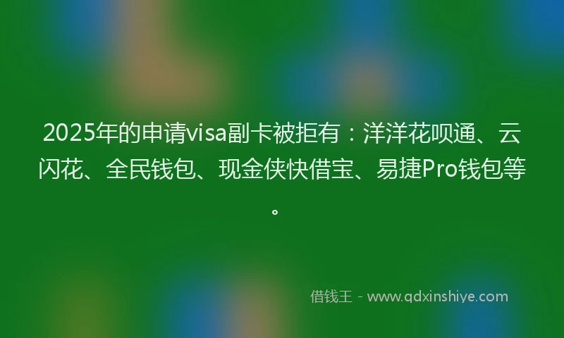 2025年的申请visa副卡被拒有：洋洋花呗通、云闪花、全民钱包、现金侠快借宝、易捷Pro钱包等。