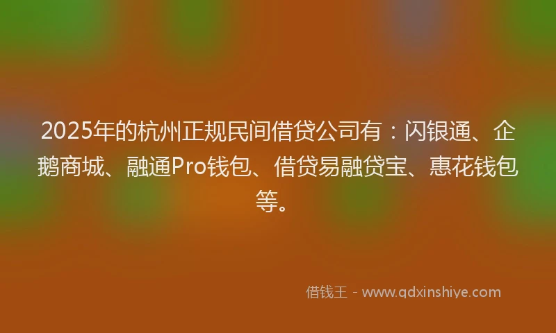 2025年的杭州正规民间借贷公司有：闪银通、企鹅商城、融通Pro钱包、借贷易融贷宝、惠花钱包等。