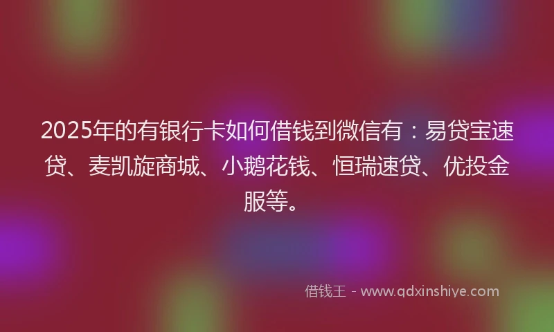2025年的有银行卡如何借钱到微信有：易贷宝速贷、麦凯旋商城、小鹅花钱、恒瑞速贷、优投金服等。