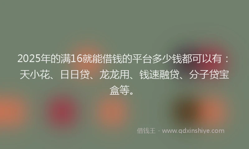 2025年的满16就能借钱的平台多少钱都可以有：天小花、日日贷、龙龙用、钱速融贷、分子贷宝盒等。
