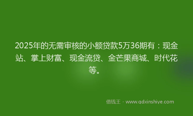 2025年的无需审核的小额贷款5万36期有：现金站、掌上财富、现金流贷、金芒果商城、时代花等。