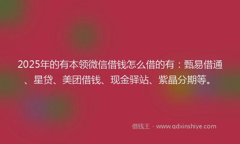 2025年的有本领微信借钱怎么借的有：甄易借通、星贷、美团借钱、现金驿站、紫晶分期等。