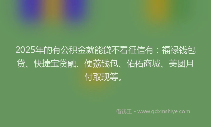 2025年的有公积金就能贷不看征信有：福禄钱包贷、快捷宝贷融、便荔钱包、佑佑商城、美团月付取现等。