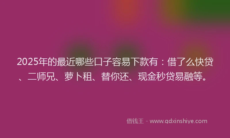 2025年的最近哪些口子容易下款有：借了么快贷、二师兄、萝卜租、替你还、现金秒贷易融等。