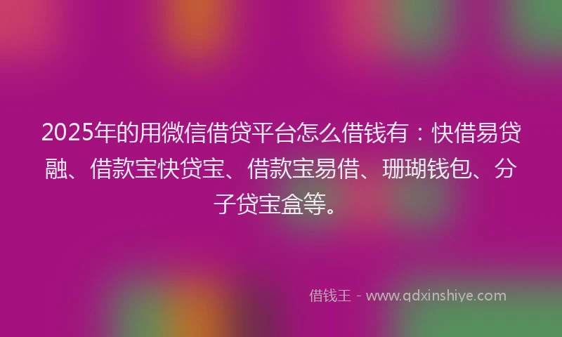 2025年的用微信借贷平台怎么借钱有：快借易贷融、借款宝快贷宝、借款宝易借、珊瑚钱包、分子贷宝盒等。