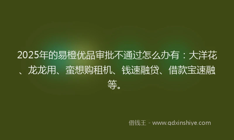 2025年的易橙优品审批不通过怎么办有：大洋花、龙龙用、蛮想购租机、钱速融贷、借款宝速融等。
