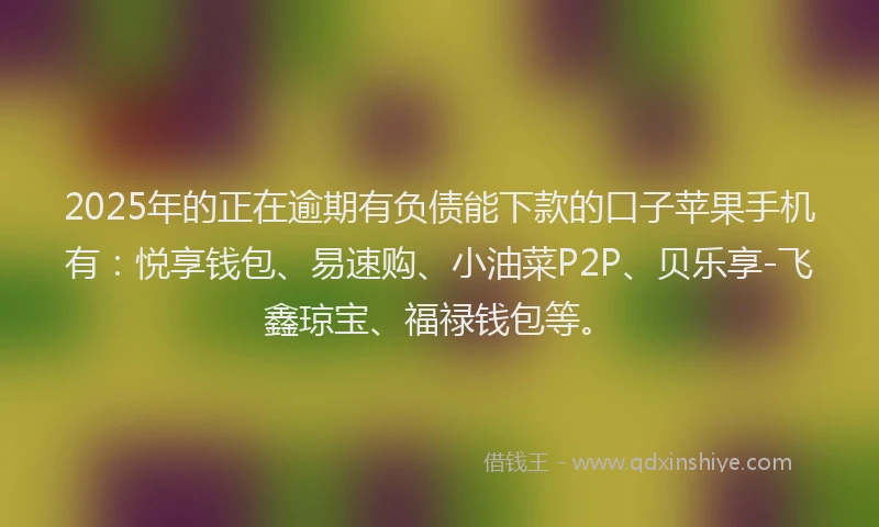 2025年的正在逾期有负债能下款的口子苹果手机有：悦享钱包、易速购、小油菜P2P、贝乐享-飞鑫琼宝、福禄钱包等。
