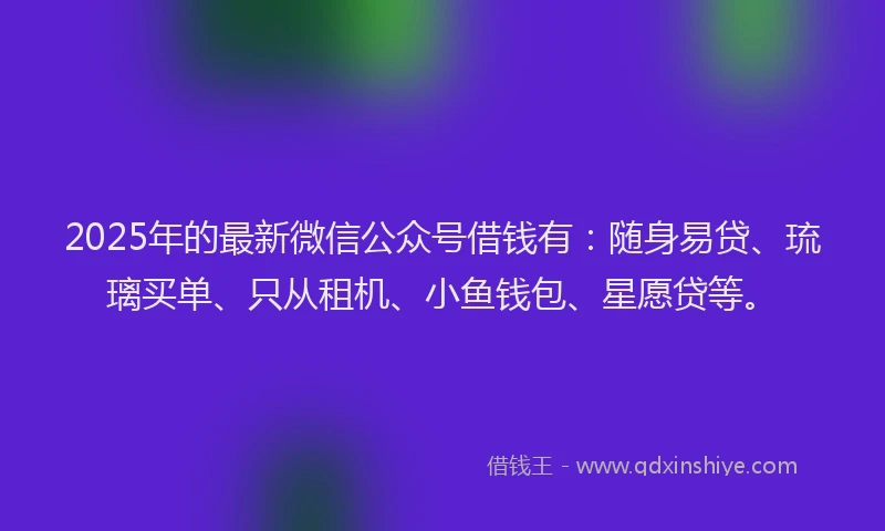 2025年的最新微信公众号借钱有：随身易贷、琉璃买单、只从租机、小鱼钱包、星愿贷等。
