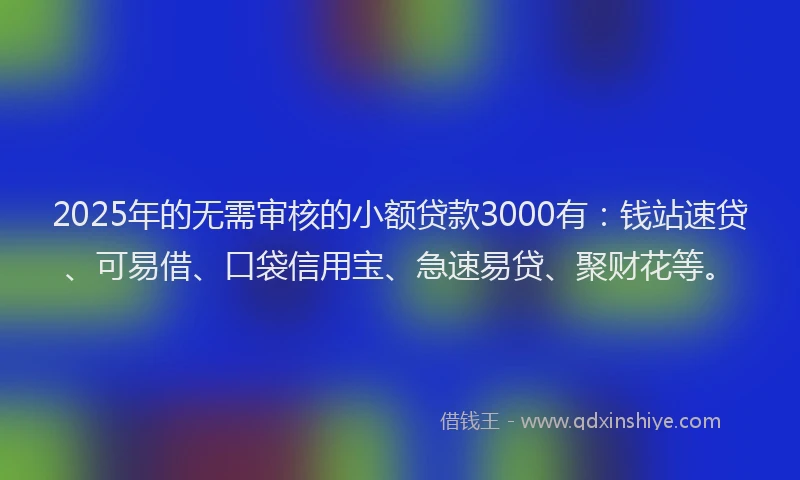 2025年的无需审核的小额贷款3000有：钱站速贷、可易借、口袋信用宝、急速易贷、聚财花等。