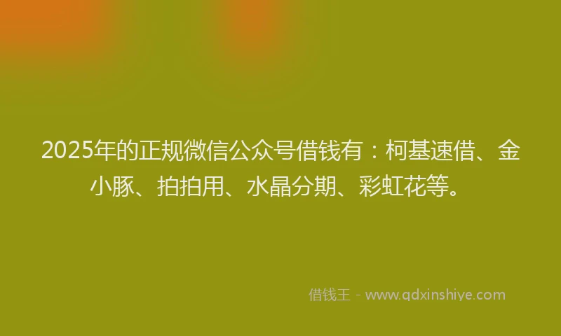 2025年的正规微信公众号借钱有：柯基速借、金小豚、拍拍用、水晶分期、彩虹花等。