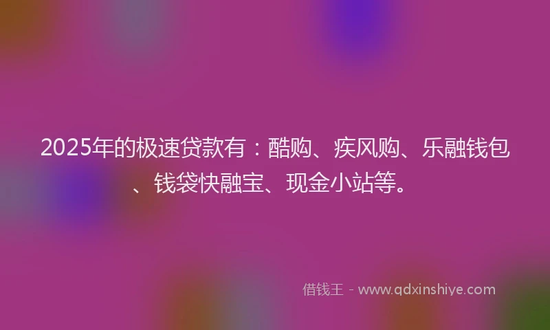 2025年的极速贷款有：酷购、疾风购、乐融钱包、钱袋快融宝、现金小站等。