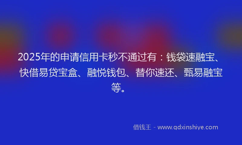 2025年的申请信用卡秒不通过有：钱袋速融宝、快借易贷宝盒、融悦钱包、替你速还、甄易融宝等。