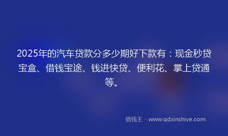 2025年的汽车贷款分多少期好下款有：现金秒贷宝盒、借钱宝途、钱进快贷、便利花、掌上贷通等。