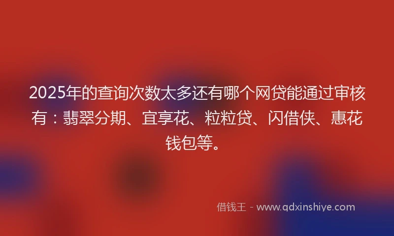 2025年的查询次数太多还有哪个网贷能通过审核有：翡翠分期、宜享花、粒粒贷、闪借侠、惠花钱包等。