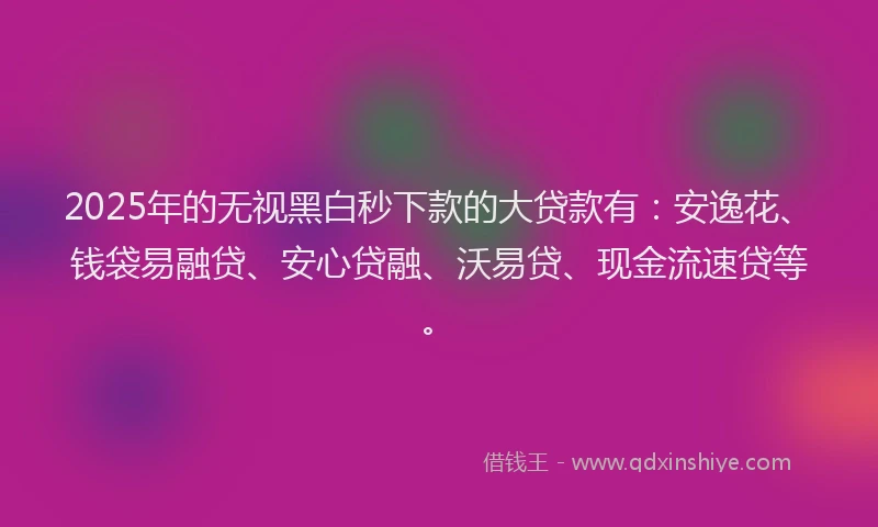 2025年的无视黑白秒下款的大贷款有：安逸花、钱袋易融贷、安心贷融、沃易贷、现金流速贷等。