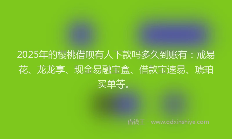 2025年的樱桃借呗有人下款吗多久到账有：戒易花、龙龙享、现金易融宝盒、借款宝速易、琥珀买单等。