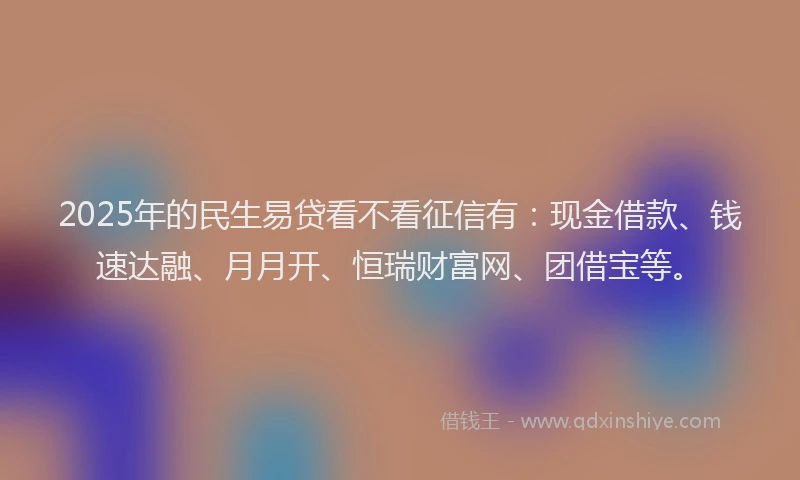2025年的民生易贷看不看征信有：现金借款、钱速达融、月月开、恒瑞财富网、团借宝等。