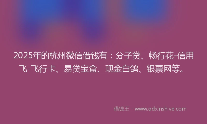 2025年的杭州微信借钱有：分子贷、畅行花-信用飞-飞行卡、易贷宝盒、现金白鸽、银票网等。