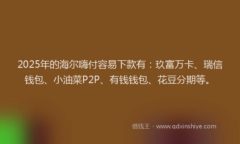 2025年的海尔嗨付容易下款有：玖富万卡、瑞信钱包、小油菜P2P、有钱钱包、花豆分期等。