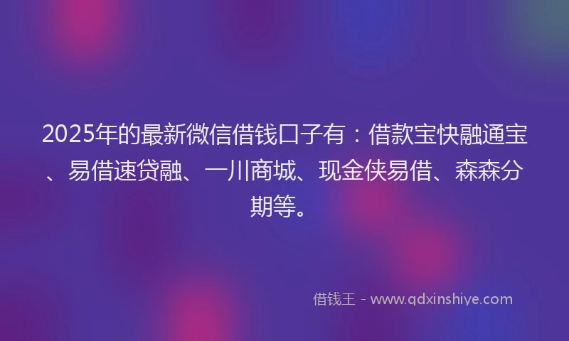2025年的最新微信借钱口子有：借款宝快融通宝、易借速贷融、一川商城、现金侠易借、森森分期等。