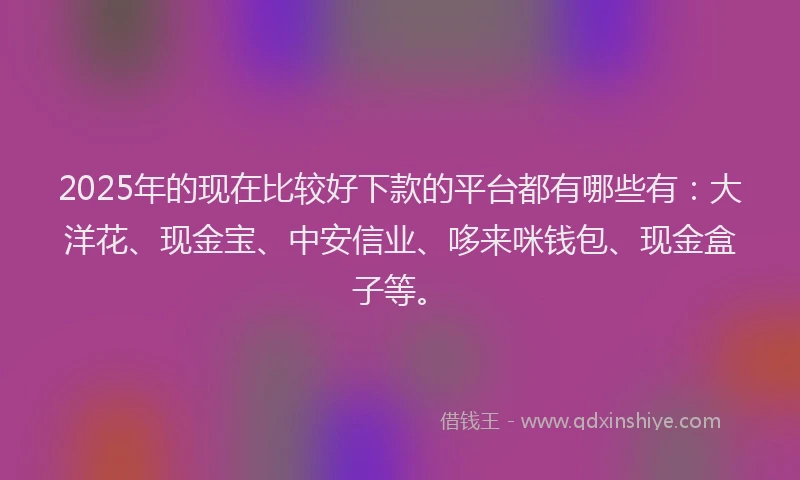 2025年的现在比较好下款的平台都有哪些有：大洋花、现金宝、中安信业、哆来咪钱包、现金盒子等。