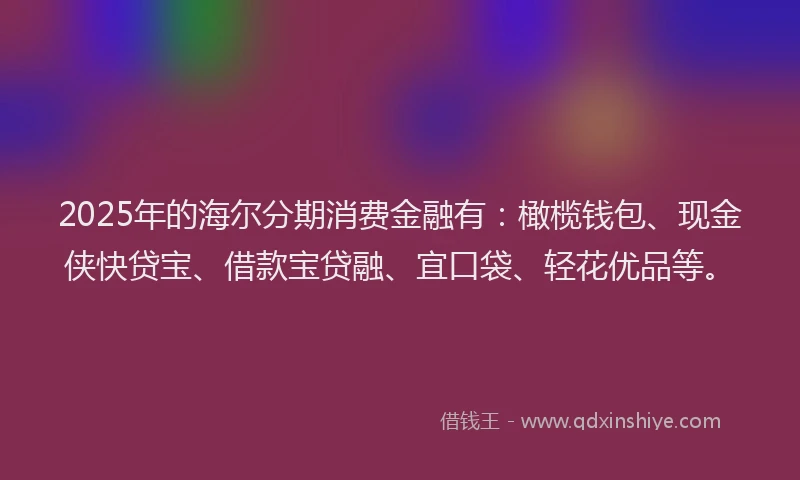 2025年的海尔分期消费金融有：橄榄钱包、现金侠快贷宝、借款宝贷融、宜口袋、轻花优品等。
