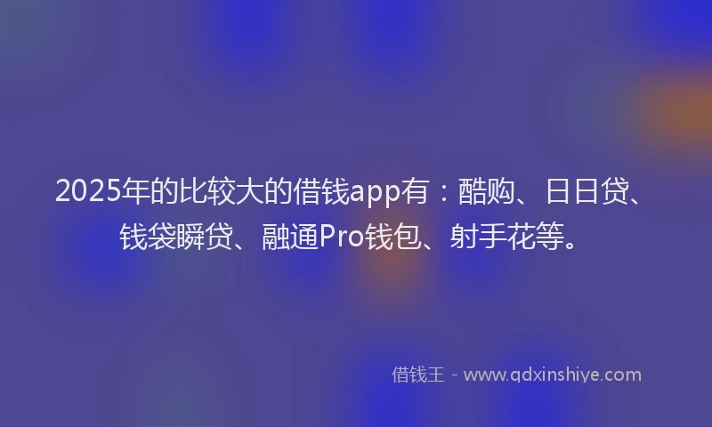 2025年的比较大的借钱app有：酷购、日日贷、钱袋瞬贷、融通Pro钱包、射手花等。